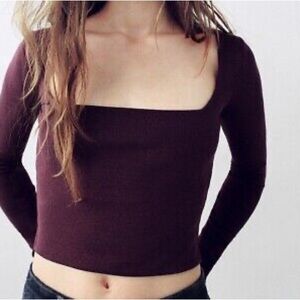 NWOT Zara Deep Berry Ribbed Square Neck Longsleeve Crop Top Sz. M